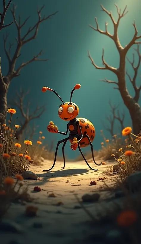 Enterprising animated ant Imagem: A dark and neglected field, with dry trees and withered flowers. Sale, the ant, is seen carrying food in an environment of darkness and desolation. Zara, The spider, is hidden in the shadows of the dry leaves.