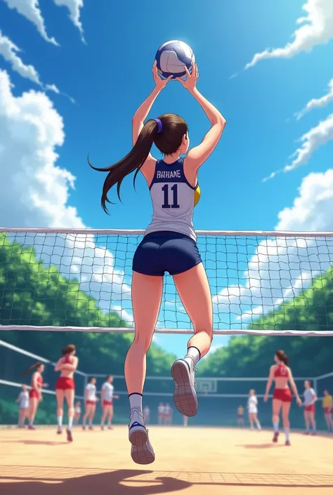 Create a woman from behind playing volleyball 