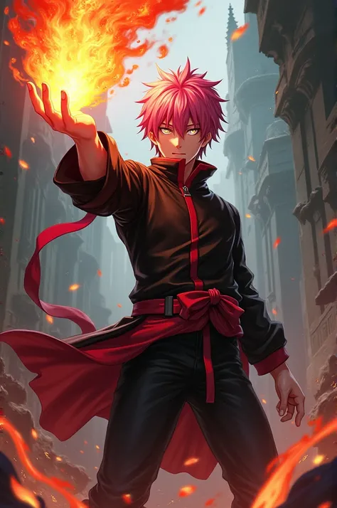 A man with pink hair and white eyes wearing Kirito&#39;s clothes raising his hand and breathing fire.