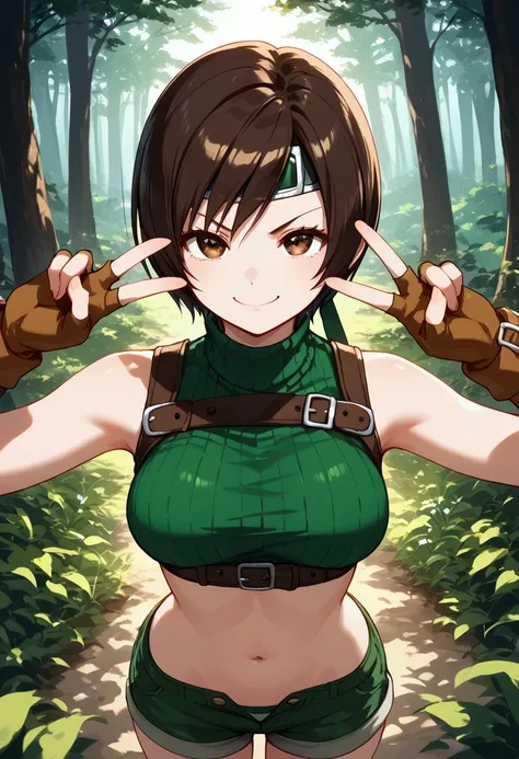 score_9, score_8_up, score_7_up,BREAK best quality,high quality,masterpiece,aesthetic,very aesthetic,soro,,1girl,yuffie kisaragi,final fantasy,short hair,head band,navel,sleeveless,turtleneck
brown eyes,sleeveless turtleneck,gloves,crop top,brown hair,shor...