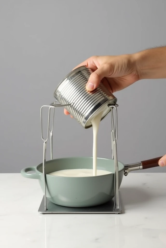 Create a 3D prototype of a retractable drainer with side flaps from a can of condensed milk so that the liquid can drain into a pan or blender, but the position of the can must be tilted to facilitate placing the can in the drainer