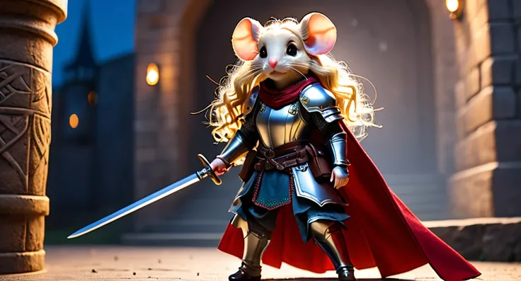 full body Esbian、Cool Female Mouse、Pop Female Mouse、diorama、symple background、bandana、holding sword high, masterpiece, long-blonde curly hair, Best Quality, Capture super cute moments, depth of fields, ultra-detailliert, Ultra High Resolution, Octadale, 8K...