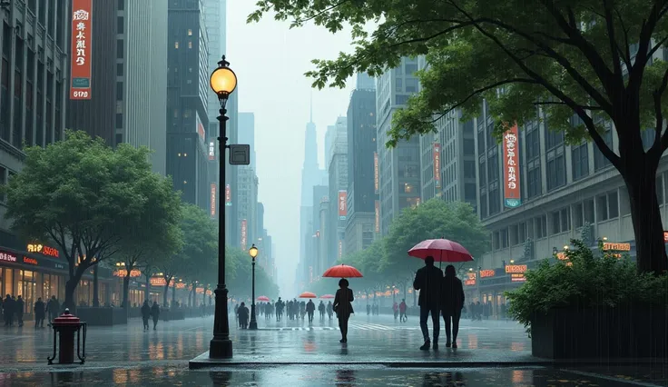 The image captures a rainy day in a city, with a street lined with tall buildings. The rain is falling gently, creating a serene atmosphere. The street appears to be wet, and there are leaves scattered across the ground, adding a touch of natural beauty to...