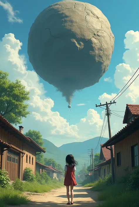 Girl standing at the small lane of village, looking at the sky, a giant single rocks falling from the sky and heading towards the village
