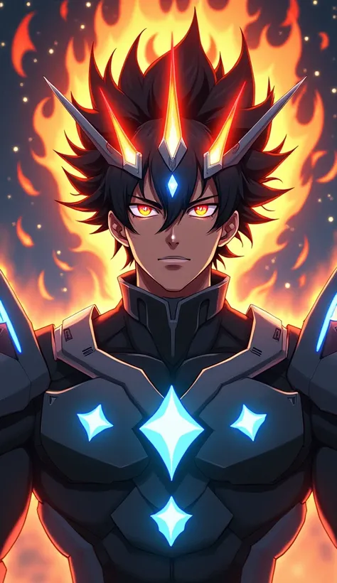 Create an image showing the face and upper chest of a muscular young man with black hair and glowing orange-red eyes. He is wearing a black crown with five sharp spikes, each spike engulfed in orange flames, releasing dark gray smoke. The crown is adorned ...