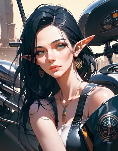 score_9, score_8_up, score_7_up, score_6_up, score_5_up, score_4_up, (masterpiece, best quality:1.2), highly detailed, illustration, mature woman, elf ears, black hair, skinny body, motorcycle pilot