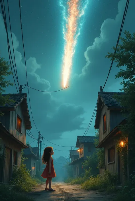 Girl standing at the small lane of village, looking at the sky, a giant single meteor falling from the sky and heading towards the village
