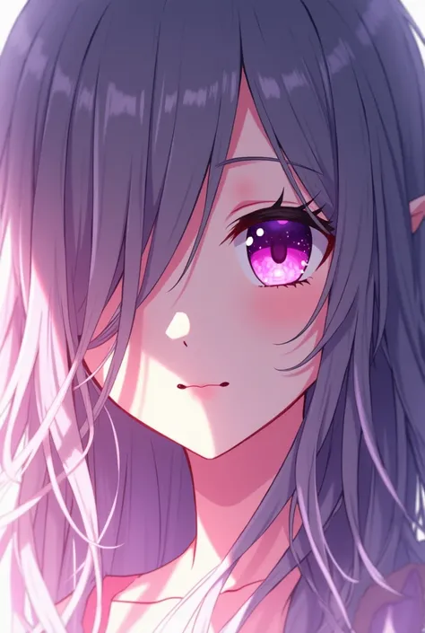 Hairs idea covers the left eye of anime. Magenta colored eyes. long hair. Her hair covers the left part of her eye. 



