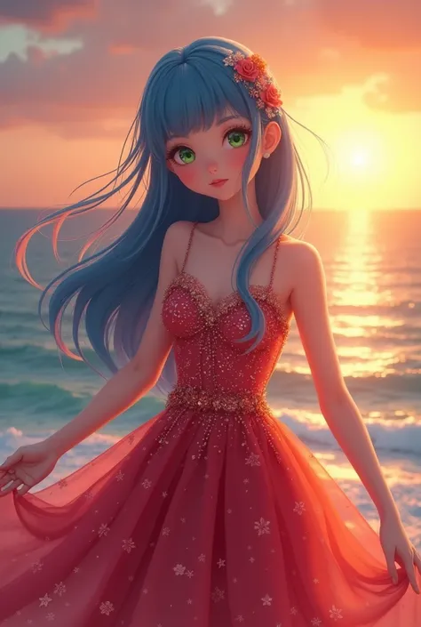 Kawasaki kawaii cute girl with long blue hair and green eyes. She wears a ruby red dress with a glitter flower on the dress. And in the background a beautiful sunset by the sea.