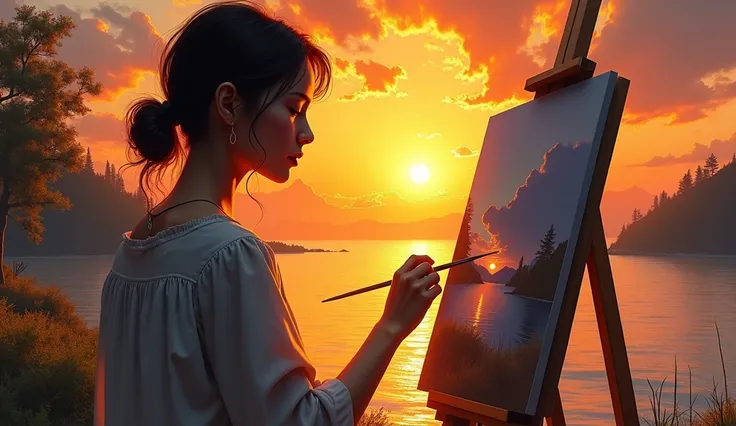 Woman painting a picture at sunset