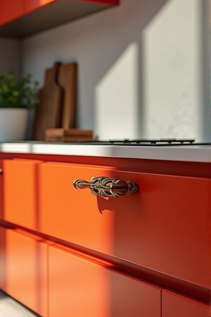 Original kitchen furniture in the latest color in which the focus should be only on the handle of the cabinet below the platform.