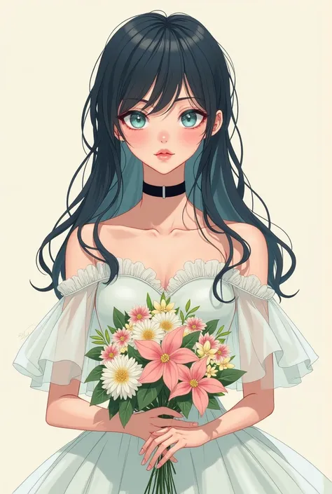 manga style, a boy, Height: 49", black hair long enough to touch shoulders, Oceanic-blue eyes, feminine face, pink lips, small nose, girly figure, wearing a white western style wedding dress, a bouquet in hand, a thick black belt choker on neck.