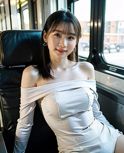 ((Inside the bright train:1))(Photorealistic)、(Ultra-high realism)、(Ultra-high resolution)、(Ultra-high resolution)、（(Cute Smile)) ( girl、Super cute face, Natural Makeup)(White skin、Smooth Skin、Realistic texture)(It sparkled、Eyes Realistic Eyes)(Beautiful H...