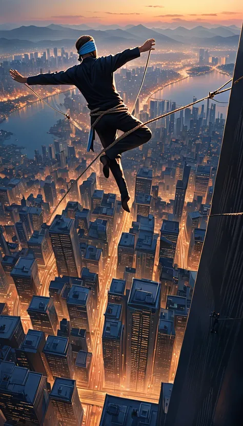 Generate a photo-realistic image of a blindfolded man standing at the edge of a tightrope, suspended high above a city at dusk. The man is taking his first step onto the rope, with arms outstretched for balance. The city below is alive with lights, but the...