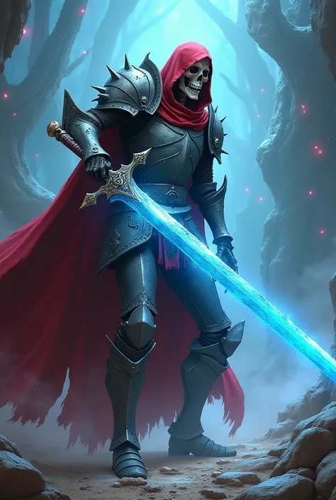 Epic fantasy art, magical scenery, dynamic action combat pose, a skeleton knight, wearing damaged knights armor, wielding an immense two-handed glowing blue longsword, huge fantasy sword, with a red hooded cloak