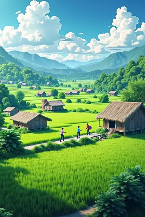 hometown, rice fields, people, thatched house, realistic, 4K