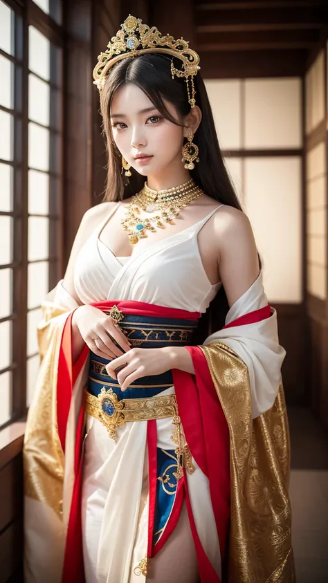 超）Create an ultra-realistic 8K resolution image of a character inspired by Benzaiten, reimagined as the ultimate cosplayer with modern elegance. She embodies Benzaitens divine beauty, with long, flowing hair that shimmers with a celestial glow. Her eyes ar...