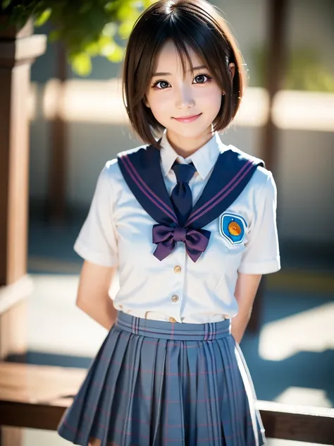 One 20 year old girl,beautiful詳細な目,Balanced Eyes,非常にbeautiful詳細な顔,4K,8k,Masterpiece,Realistic,Vibrant colors,Warm lighting,Soft Focus,Idol,(Hinatazaka46 Uniform,Super Short Hair:1.5),smile,cute,Adorable,Bright expression,Realistic,Cinema Lighting,elegant,b...