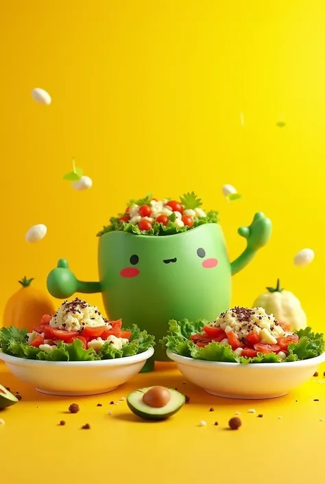 Make 10 different images of a brand that sells salads with a yellow background, a customer-friendly brand