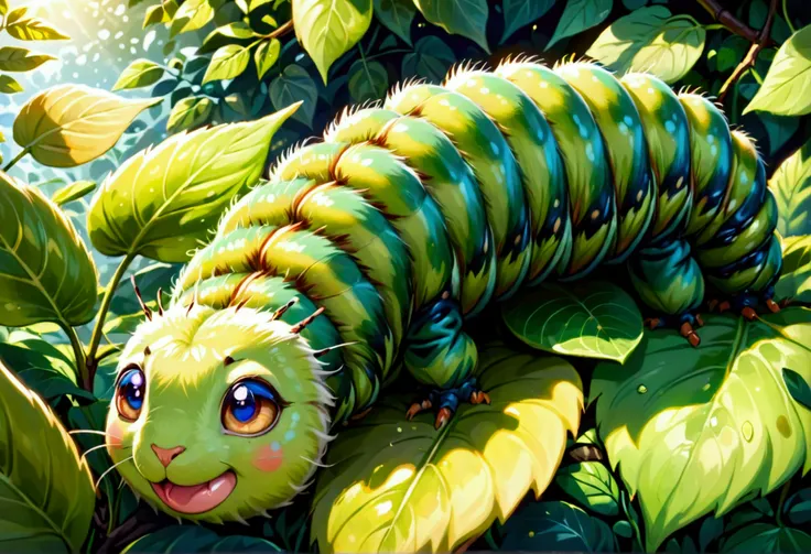 a colorful cute yuna caterpillar,extremely detailed caterpillar,extremely detailed leaf,caterpillar crawling on leaf,caterpillar eating leaf,sunny day,lush green leaf,vibrant colors,natural lighting,detailed textures,high quality,hyper realistic,intricate ...