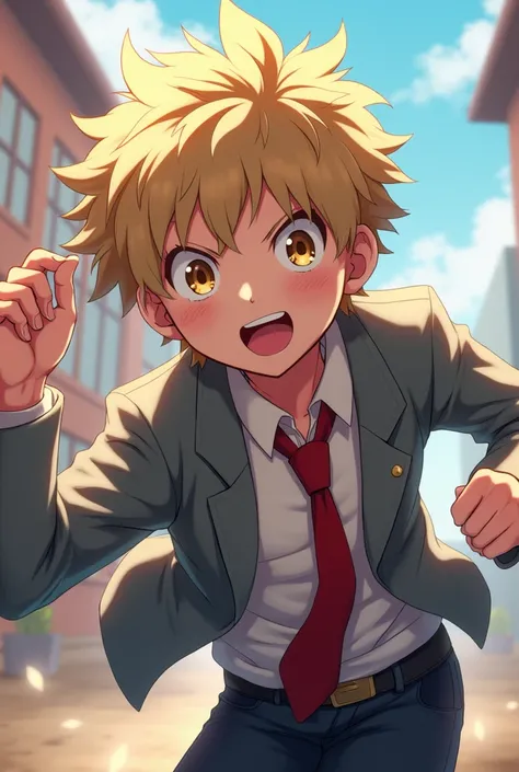 Boku no hero Academia style character, boy with light blond and messy hair, honey-colored eyes and in uniform, red tie and grey jacket