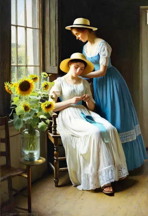 oil painting, one woman in a white long dress sits on a low chair and cuts the stem of a sunflower for a bouquet, a second woman in a long blue dress with white lace and a hat sits on a windowsill, a vase of sunflowers stands on the floor, summer afternoon...