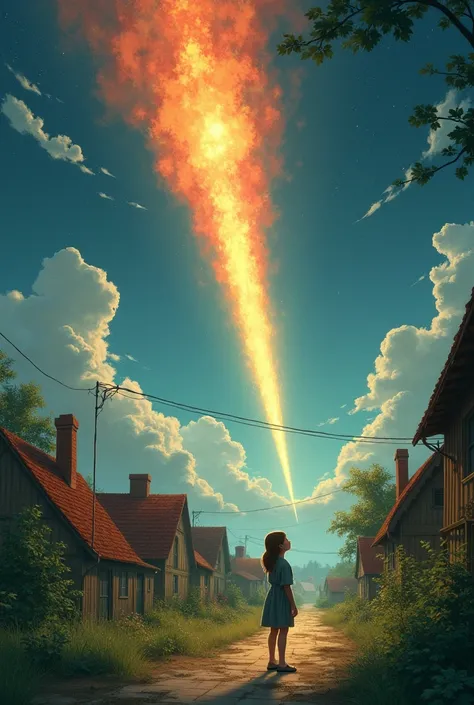 Girl standing at the small lane of village, looking at the sky, a massive  giant single meteorite falling from the sky and heading towards the village
