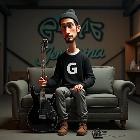 (3D text written “GIN GEMATRIA” as graffiti), tall slender male wearing black sweater, white shirt with G letter, black beanie, grey cargo pants, very little beard, bright tan skin, brown leather shoes, sitting on a sofa, (black ESP guitar and pedal board ...