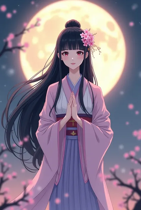 Japan　Goddess of good fortune, moon goddess, black hair with bangs, Yoshino cherry blossom hair ornament, light pink and light purple kimono, facing forward, hands together, full moon in the background