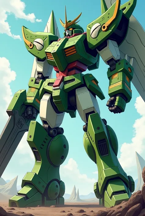 Robot gigante, green and white, lion&#39;s shell, giant sword, wings and rocket on the back, heroic pose, anime