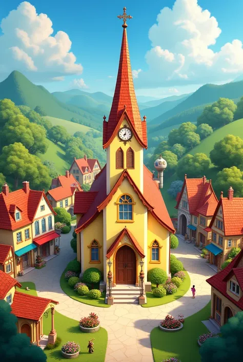 Create a Disney Pixar-type image of a town with a yellow and white church and a title that says Disney 