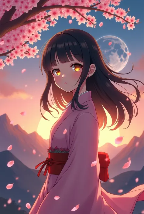 Anime Demon Slayer Kamado Nezuko style、Dressed in a soft pink kimono、A girl with a green bamboo tube in her mouth、Standing under a cherry tree in full bloom。The girl&#39;s black hair sways in the wind、His golden eyes sparkle as they reflect the sunset sky....