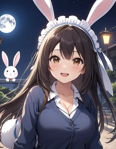 4k, bestquality, detailed, detailed scenery, detailed eyes, 1Girl, cute, adorable, straight hair, long hair, black hair, brown eyes, cleavage, looking at the camera, standing, big_laugh, background is a full moon, upper body, (school uniform:1.3), dark blu...