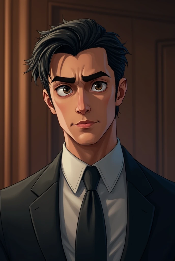 Handsome guy, tired eyes, black haired lawyer, Excited