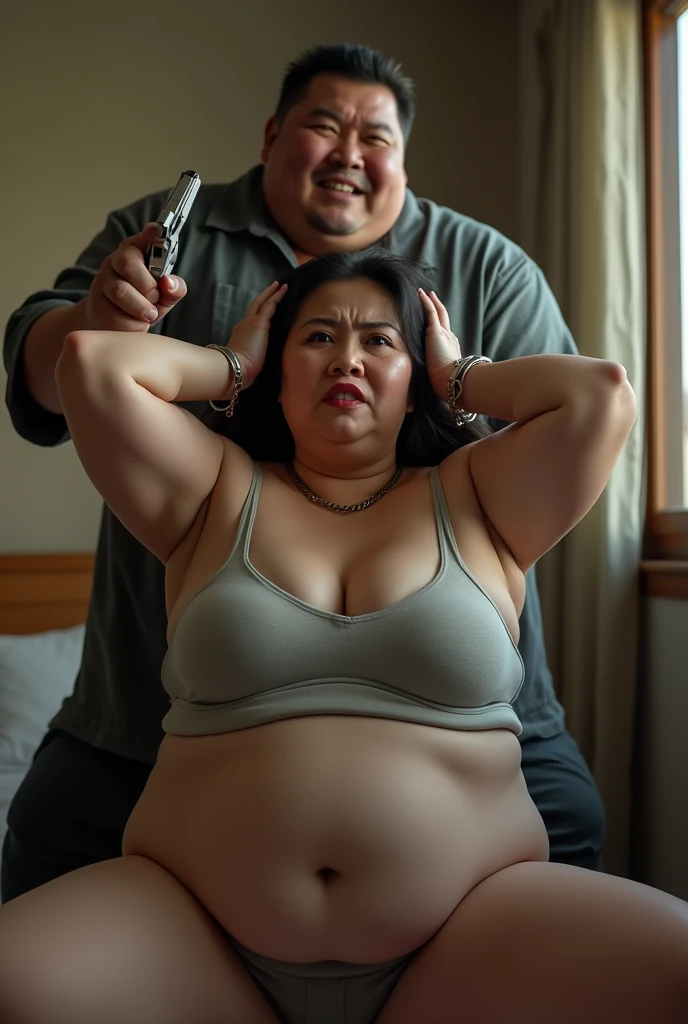 Mature American Woman　Huge boobs　Wonder Woman　Woman with disgusted face　Hands behind head in surrender pose　A woman is restrained in handcuffs　１A fat naked man is smiling and pointing a gun at a woman　He pointed the gun at the woman from behind.　A woman is...