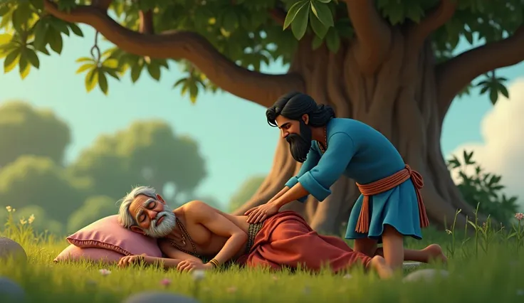 Generate 3d animated image of a Indian folk  too old man with hungry with lean body slept under the tree and a folk man with black beard and blue dresses man helping him
