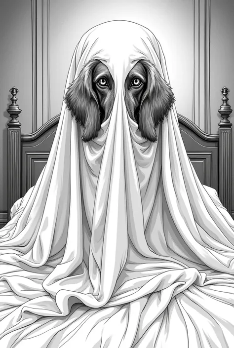 beautiful vizsla with big eyes in Peaky Blinders style as a ghost under the bedsheet with holes for the eyes as a mask as a coloring picture in black and white

