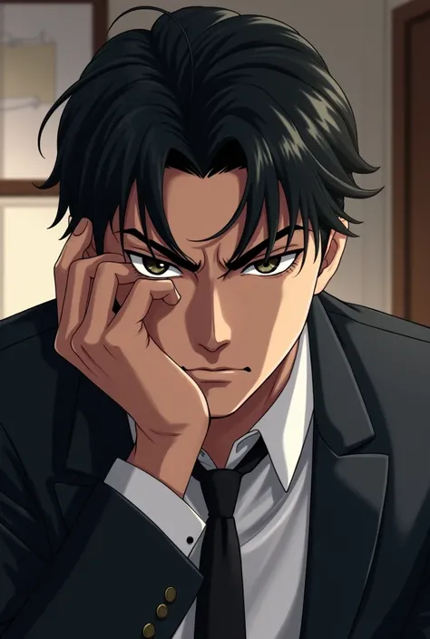 Handsome guy, tired eyes, black haired lawyer, Excited, a hand on the face, anime