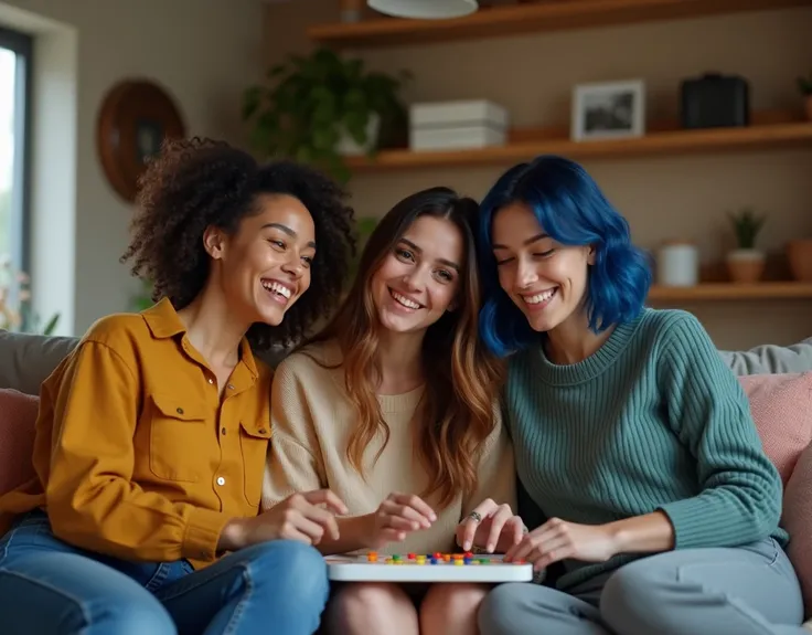 A casual, relaxed portrait of a throuple lesbian couple from the United States lounging together in their living room. The three women are dressed in comfortable, casual clothing and engaged in a fun activity like playing board games or watching a movie. O...