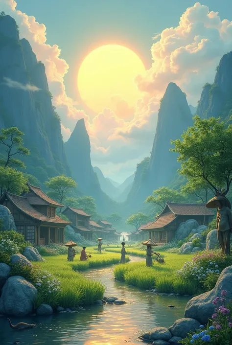 Lilliput. sunrise. There is a huge sun behind the mountain. Quiet village, Planting chives with blue flowers, Some crops withered, vermin, Kui Niu Statue. Auspicious clouds cover. Entrance to the forest at the edge of the village, Qiongqi appears. Village ...