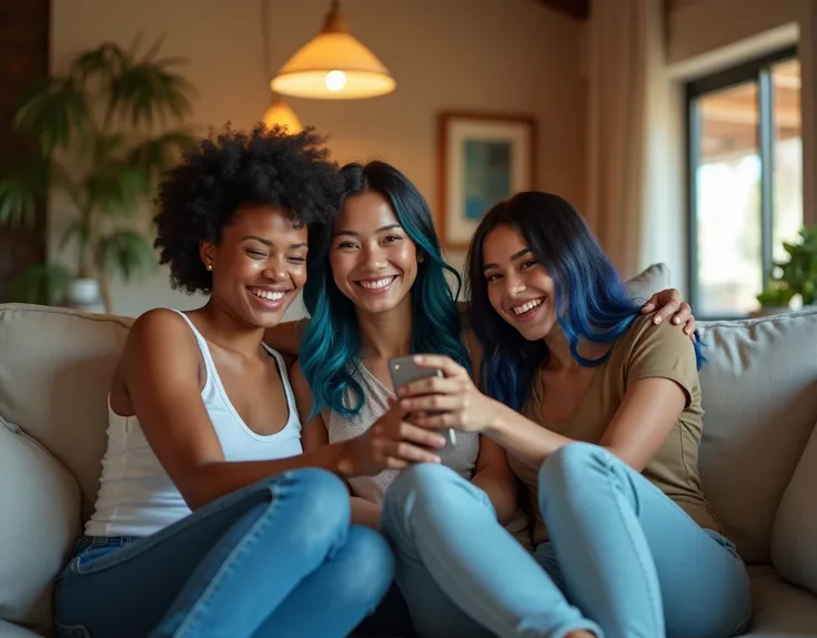 A casual, relaxed portrait of a throuple lesbian couple from the United States lounging together in their living room. Following the rule of thirds, one woman with striking black-blue dyed hair is positioned near one of the intersections, while the other t...