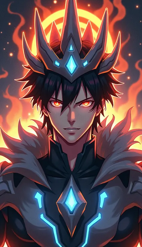 Create an image showing the face and upper chest of a muscular young man with black hair and glowing orange-red eyes. He is wearing a black crown with five sharp spikes, each spike engulfed in orange flames, releasing dark gray smoke. The crown is adorned ...