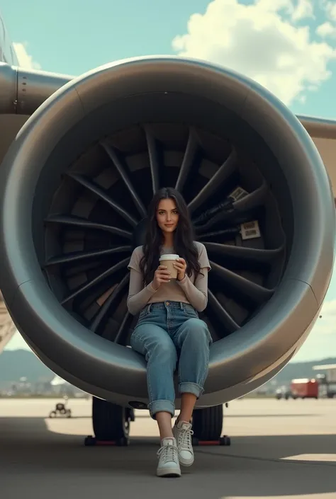 create a funny image, a woman with dark hair sitting on jet engine