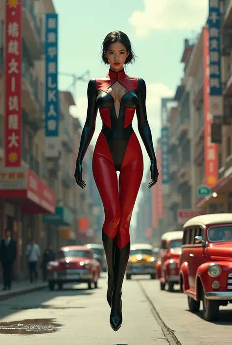 (photorealism:1.2), 2 color suit, random asian female superhero, floating in middle of street, classic 1950