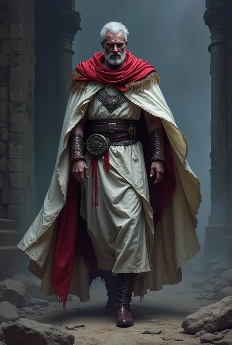 Create an image of Pontius Pilate, Roman procurator of Judea, in the style of Lewis Royo. He is dressed in a white cloak with a blood-red lining, his shuffling cavalry gait emphasizes his harsh military nature. The face is domineering, with hard features, ...