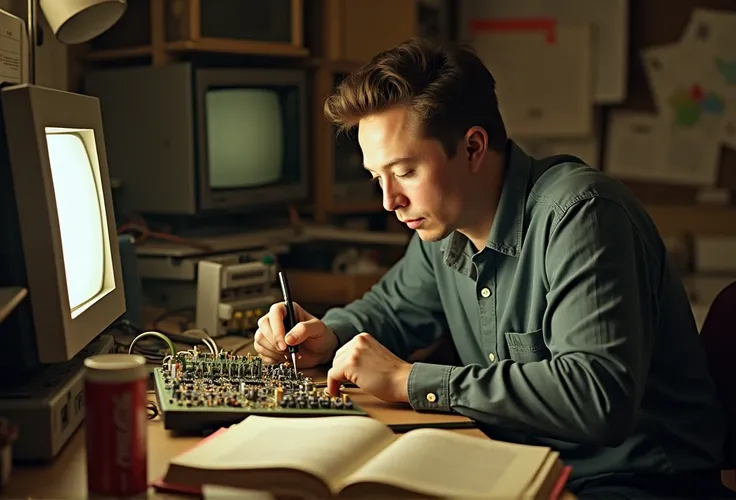 Old photos of young Elon Musk working on computers, images of early projects like Zip2.*