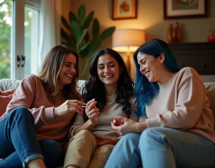 A casual, relaxed portrait of a throuple lesbian couple from the United States, all with slightly curvy, full-bodied figures, lounging together in their living room. The three women are dressed in comfortable, casual clothing and engaged in a fun activity ...