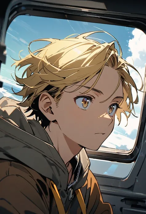 blonde hair boy looking out airplane window, hoodie, 45 degree head turn portrait
