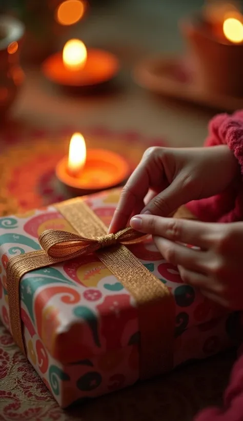 Close-up of a Diwali gift box being unwrapped, with the hands gently peeling away the ribbon. The background is softly blurred, featuring warm festive lighting and traditional Diwali elements like rangoli and diyas