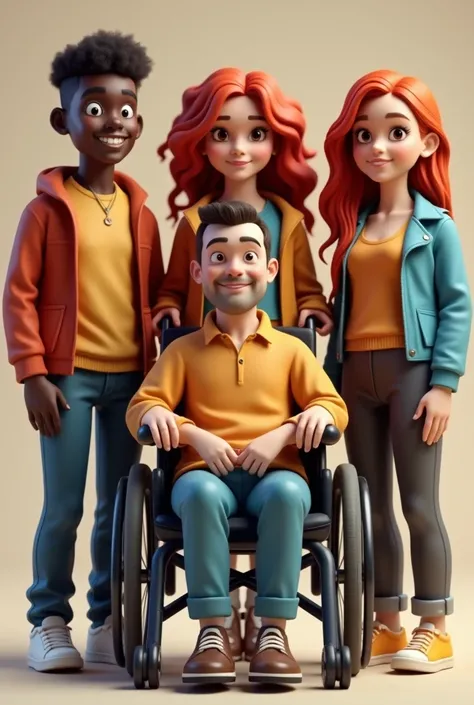 Generates an image of a gay person, a black person, a redhead and a person in a wheelchair